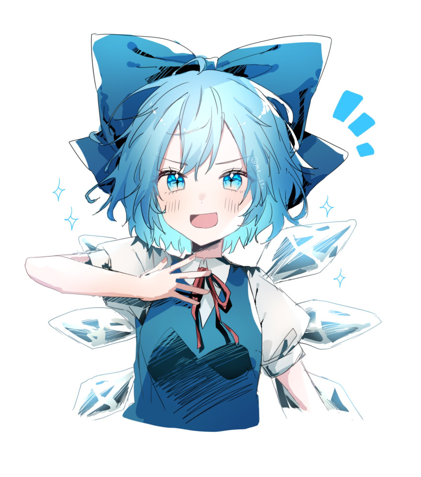 1girl :d blue_bow blue_eyes blue_hair bow cirno cropped_torso detached_wings furawast hair_bow highres ice ice_wings looking_at_viewer open_mouth short_hair short_sleeves simple_background smile solo star_(symbol) touhou upper_body white_background wings
