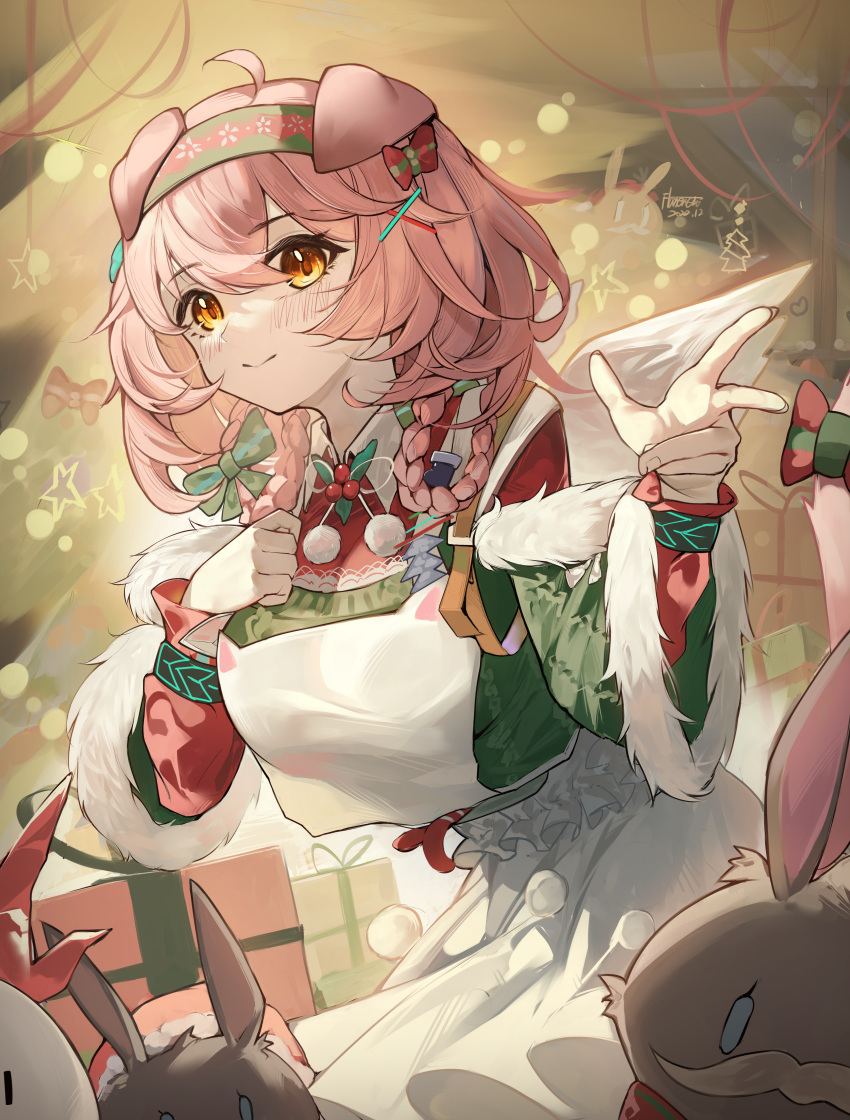 1girl absurdres animal_ears apron arknights black_bracelet bow box braid cat_ears cat_girl christmas christmas_tree floppy_ears floral_print flower gift gift_box goldenglow_(arknights) goldenglow_(night_loving_servant)_(arknights) green_bow green_hairband green_sweater hair_between_eyes hairband hands_up highres infection_monitor_(arknights) light_blush long_hair long_sleeves looking_at_viewer official_alternate_costume pink_hair poinsettia print_hairband rabbit red_hairband smile solo sweater two-tone_hairband white_apron yamasede_neiko yellow_eyes