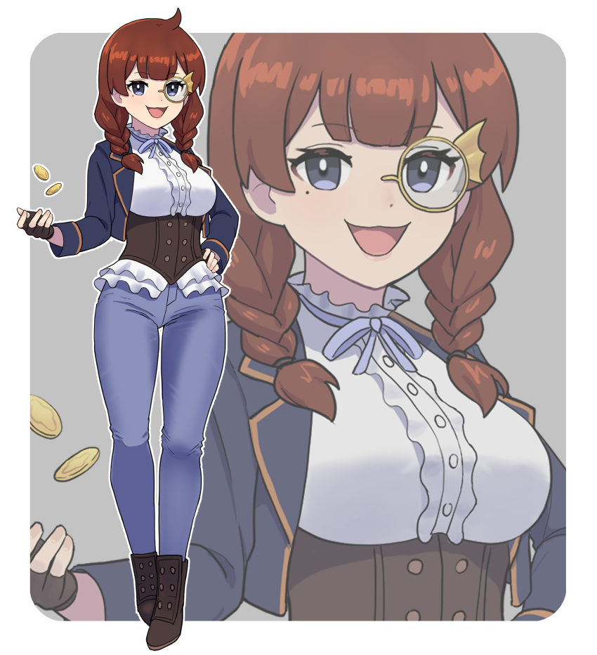 1girl black_gloves blue_eyes braid breasts coin denim fingerless_gloves glasses gloves hand_on_hip highres jeans large_breasts long_hair looking_at_viewer mole mole_under_eye monocle original pants standing twin_braids urin_(littleurin) zoom_layer
