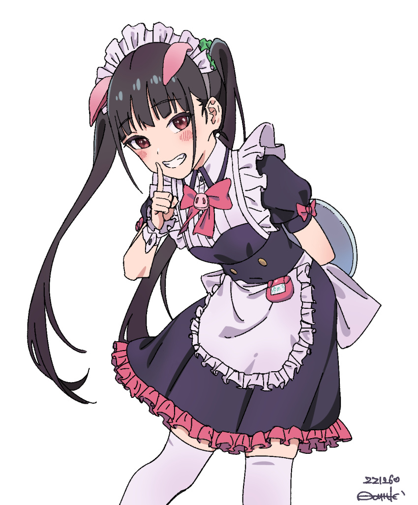 1girl acuttle akiba_maid_sensou animal_ears black_dress black_hair bow dated dress fake_animal_ears frilled_dress frills grin highres holding holding_tray index_finger_raised leaning_forward long_hair maid maid_headdress pig_ears pink_bow short_sleeves simple_background smile thigh-highs tray twintails uniform white_background white_thighhighs wrist_cuffs yumechi_(akiba_maid_sensou)