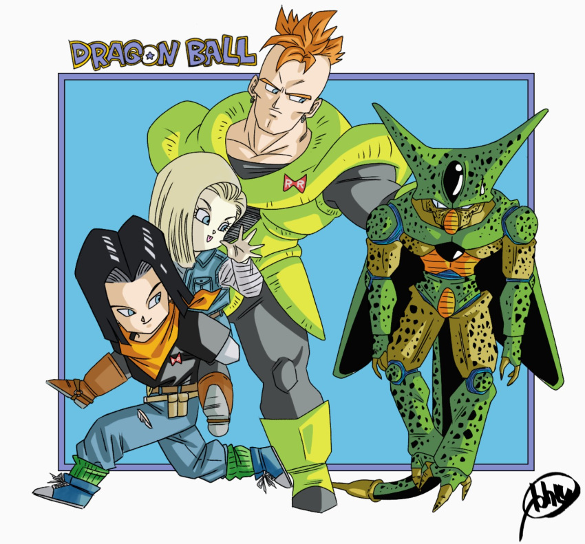 1girl 3boys android_16 android_17 android_18 black_hair blonde_hair blue_eyes brother_and_sister carrying cell_(dragon_ball) copyright_name dragon_ball dragon_ball_z earrings frown highres imperfect_cell jewelry kakeru_(dbskakeru) mohawk multiple_boys neckerchief orange_hair orange_neckerchief piggyback siblings signature smile sweatdrop tail tongue tongue_out
