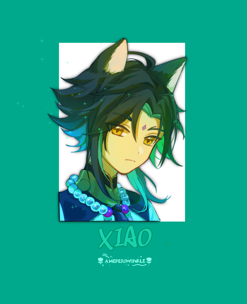 1boy absurdres ahoge animal_ears bead_necklace beads black_hair cat_ears character_name closed_mouth genshin_impact green_background green_hair highres jewelry male_focus multicolored_hair necklace suzushi xiao_(genshin_impact) yellow_eyes