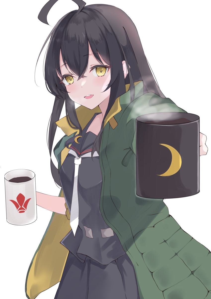 1girl absurdres ahoge black_hair black_serafuku black_shirt black_skirt calin coat coffee_mug commentary_request commission crescent crescent_pin cup green_coat highres holding holding_cup kantai_collection long_hair looking_at_viewer looking_to_the_side mikazuki_(kancolle) mug necktie school_uniform serafuku shirt simple_background skeb_commission skirt smile solo white_background white_necktie