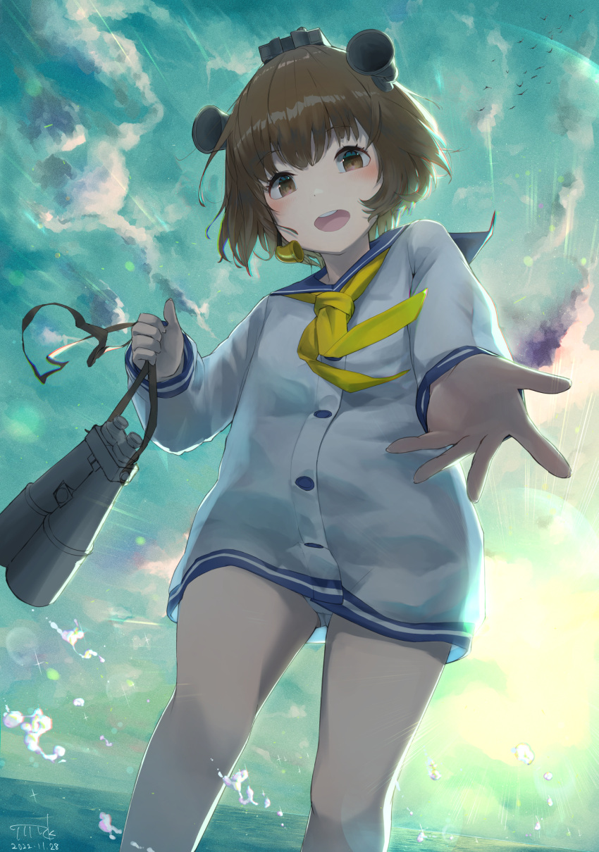 1girl binoculars blue_sailor_collar brown_eyes brown_hair clouds cloudy_sky dress headgear headset highres kantai_collection long_sleeves looking_at_viewer mmk neckerchief ocean open_mouth outdoors sailor_collar sailor_dress short_hair sky smile solo speaking_tube_headset water yellow_neckerchief yukikaze_(kancolle)