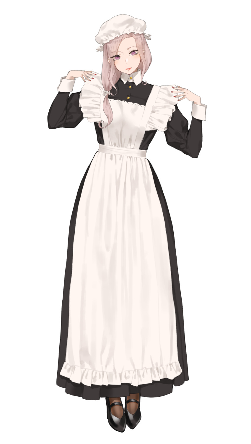 1girl apron bangs collared_shirt dress frilled_apron frills highres juliet_sleeves long_hair long_sleeves looking_at_viewer maid maid_apron maid_day original parted_bangs puffy_sleeves shirt simple_background sleeve_cuffs smile solo throtem violet_eyes white_background