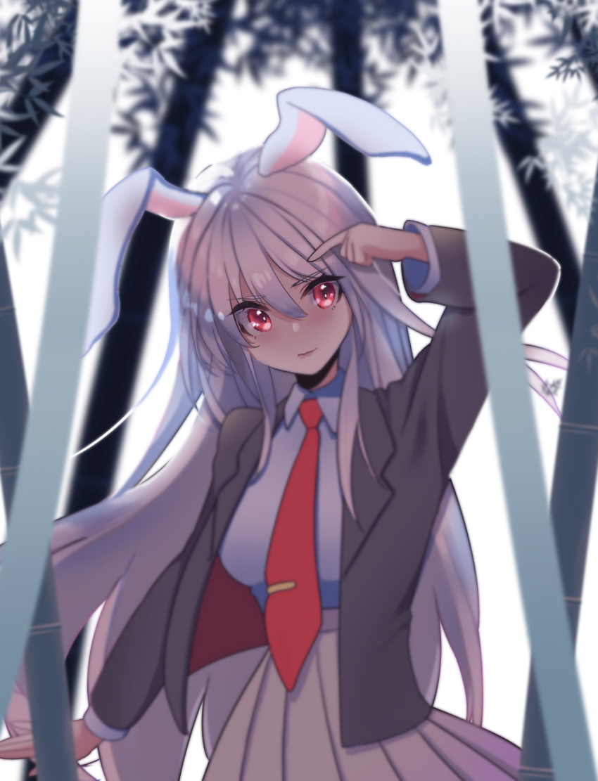 1girl animal_ears bamboo bamboo_forest black_jacket blazer closed_mouth collared_shirt forest hair_between_eyes highres jacket lily-an long_hair long_sleeves looking_at_viewer nature necktie outdoors pink_skirt pleated_skirt purple_hair rabbit_ears rabbit_girl red_eyes red_necktie reisen_udongein_inaba shirt skirt solo touhou white_background white_shirt