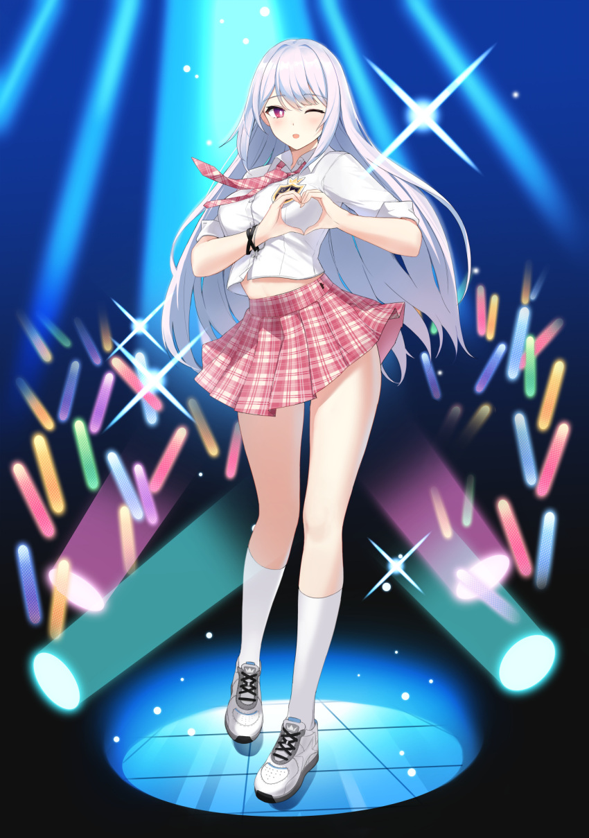 1girl ;o badge black_background blue_background bracelet breasts bright_pupils closers collared_shirt dark_background full_body glowstick gradient gradient_background heart heart_hands highres idol jewelry kneehighs large_breasts long_hair looking_at_viewer midriff_peek miniskirt mirae_(closers) necktie official_art one_eye_closed pink_eyes pink_necktie pink_skirt plaid plaid_necktie plaid_skirt pleated_skirt school_uniform shirt shoes short_sleeves skirt sneakers socks solo sparkle stage stage_lights standing standing_on_one_leg star_bracelet tachi-e very_long_hair white_footwear white_hair white_pupils white_shirt white_socks