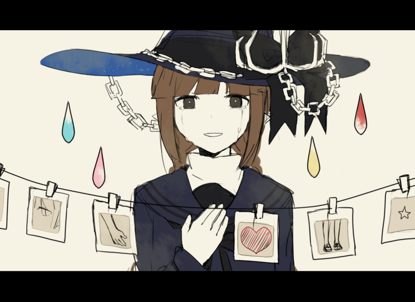 1girl aaniko bangs black_bow black_eyes black_ribbon blue_dress blue_headwear blue_sailor_collar bow bright_pupils brown_hair chain crying crying_with_eyes_open dress hand_on_own_chest hat hat_bow heart letterboxed long_sleeves looking_at_viewer neck_ribbon oounabara_to_wadanohara photo_(object) ribbon sailor_collar sailor_dress simple_background solo star_(symbol) string tears wadanohara water_drop white_background witch_hat