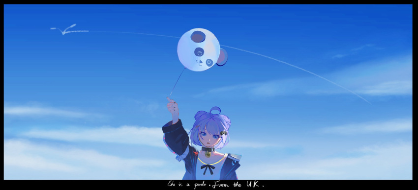 1girl ancheng_zaibu_xuexi_jiu_feile balloon black_border black_collar black_jacket border chinese_commentary clouds collar collarbone cowlick double_bun english_text hair_bun highres holding holding_balloon indie_virtual_youtuber jacket open_mouth portrait purple_hair purple_nails shirt shizukou sky solo straight-on virtual_youtuber white_shirt