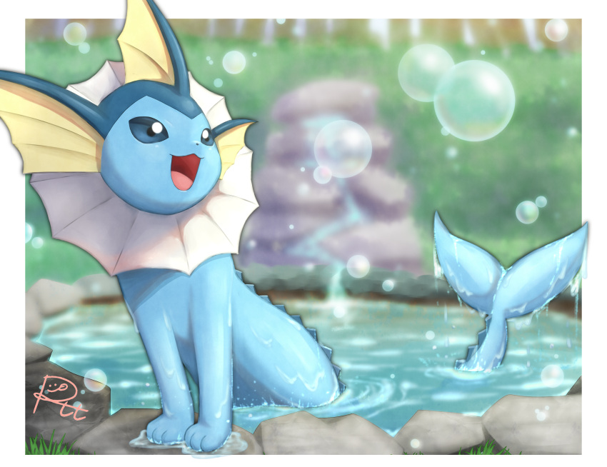 :d blurry blurry_background border bubble commentary_request highres no_humans open_mouth pokemon pokemon_(creature) poket_mkrn signature smile solo tongue vaporeon water wet white_border