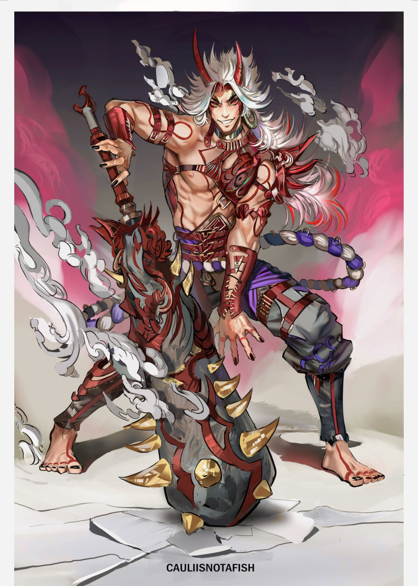1boy arataki_itto barefoot black_nails cauliisnotafish club_(weapon) commentary fantasy full_body genshin_impact highres horns japanese_clothes long_hair male_focus multicolored_hair oni oni_horns pants red_eyes smile smoke spikes standing tattoo toned toned_male topless_male weapon white_hair
