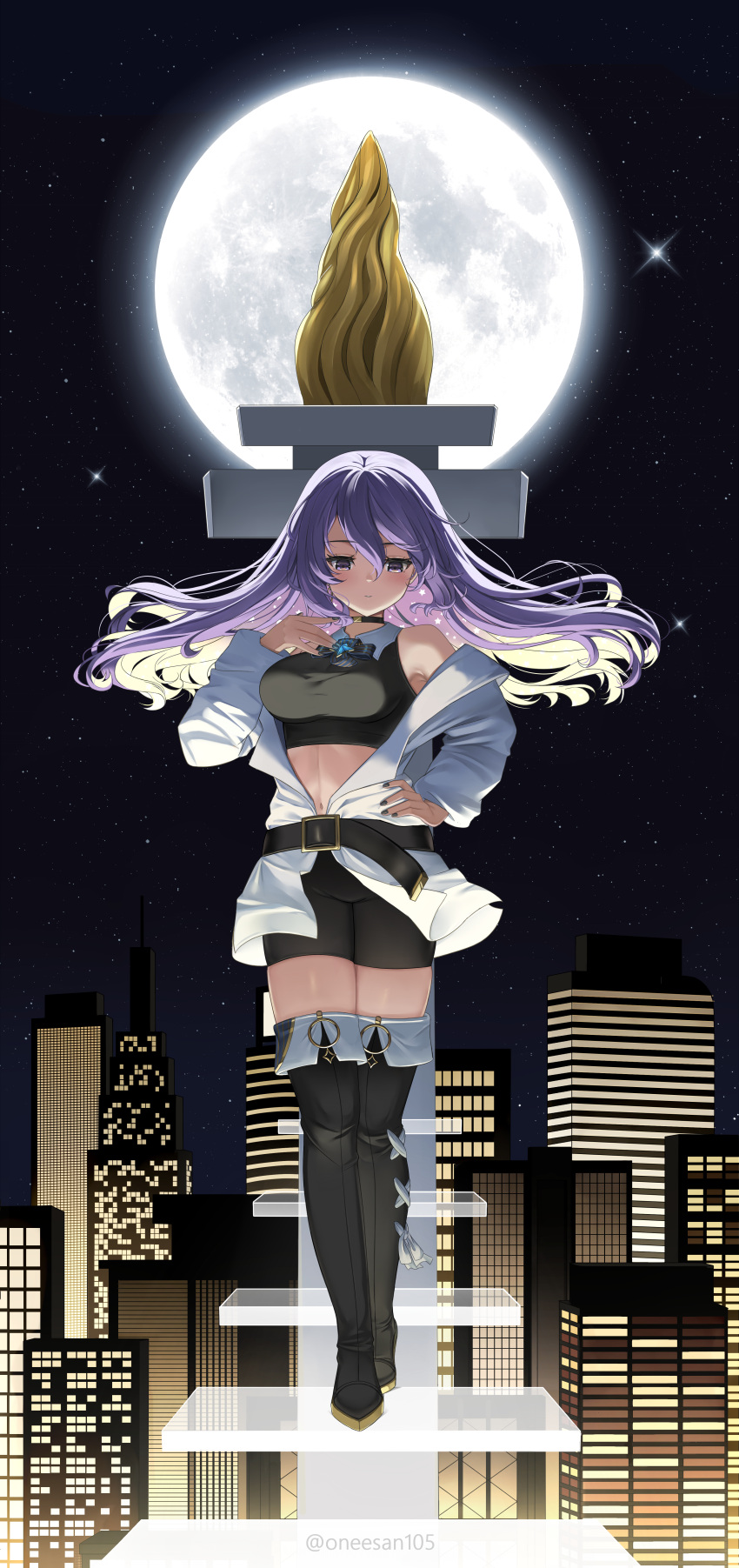 1girl absurdres belt black_nails black_shorts boots breasts city colored_inner_hair crop_top floating_stairs full_moon hand_on_hip highres hololive hololive_indonesia jacket large_breasts long_hair midriff monument moon moona_hoshinova multicolored_hair navel night purple_hair rem_moon shorts starry_hair thigh_boots twitter_username violet_eyes virtual_youtuber white_jacket