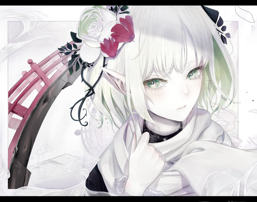 1girl absurdres bangs black_shirt blonde_hair bridge commentary_request expressionless flower green_eyes hair_flower hair_ornament highres looking_at_viewer mizuhashi_parsee muted_color omen_(omenillust) parted_lips pointy_ears portrait scarf shirt short_hair solo touhou white_flower white_scarf