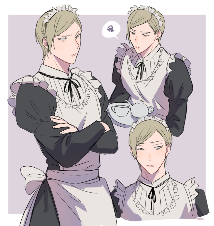 1boy absurdres apron blonde_hair brown_eyes crossdressing crossed_arms cup highres holding holding_tray jujutsu_kaisen looking_at_viewer lovemycat18 maid maid_headdress male_focus nanami_kento short_hair solo standing teacup teapot tray upper_body white_apron