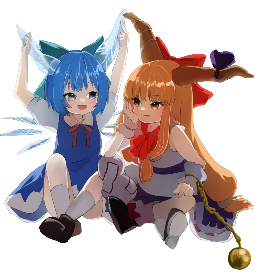 2girls :d absurdres bangs black_footwear blue_bow blue_dress blue_eyes blue_hair bow bowtie brown_eyes brown_horns chain cirno closed_mouth collared_shirt commentary_request dress fang fang_out flat_chest full_body hair_bow hand_on_own_cheek hand_on_own_face highres horn_bow horn_ornament horns ibuki_suika ice ice_horns ice_wings long_hair looking_at_another low-tied_long_hair mikan_(manmarumikan) multiple_girls open_mouth orange_hair orb pinafore_dress purple_bow purple_skirt red_bow red_bowtie shirt shoes short_hair sidelocks simple_background sitting skirt sleeveless sleeveless_shirt smile socks touhou very_long_hair white_background white_shirt wings wrist_cuffs