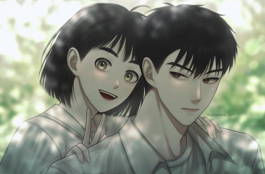 1boy 1girl :| after_school_lessons_for_unripe_apples ahoge artist_name bangs black_hair blurry blurry_background blush bob_cut brown_eyes close-up closed_mouth commentary depth_of_field dress_shirt expressionless foliage front_to_back green_eyes guiyoung_920 hair_between_eyes hand_on_another's_shoulder highres hwang_mi-ae kim_cheol korean_commentary lips looking_at_another looking_at_viewer looking_back open_mouth portrait scar scar_on_face shirt short_hair smile t-shirt teeth thick_eyebrows twitter_username undershirt upper_teeth v white_shirt