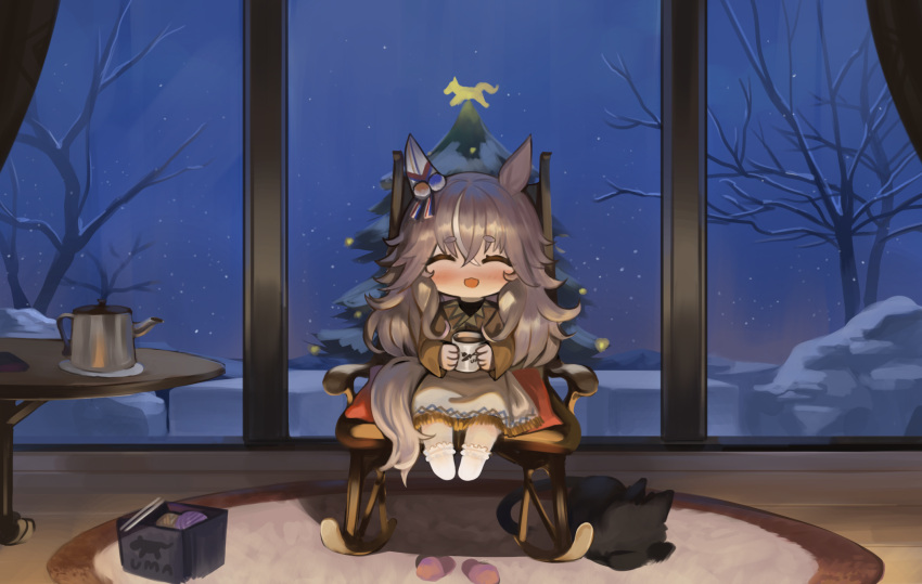 1girl :d ^_^ animal animal_ears bangs bare_tree black_cat blush brown_hair brown_shirt cat chair chibi christmas christmas_tree closed_eyes cup dokomon facing_viewer fringe_trim hair_between_eyes highres holding holding_cup horse_ears horse_girl horse_tail indoors long_sleeves mug multicolored_hair night night_sky no_shoes on_chair pink_footwear rocking_chair romaji_text shirt short_eyebrows skirt sky sleeves_past_wrists slippers slippers_removed smile snow snowing socks solo streaked_hair tail thick_eyebrows tree umamusume white_hair white_skirt white_socks wonder_acute_(umamusume) yarn yarn_ball