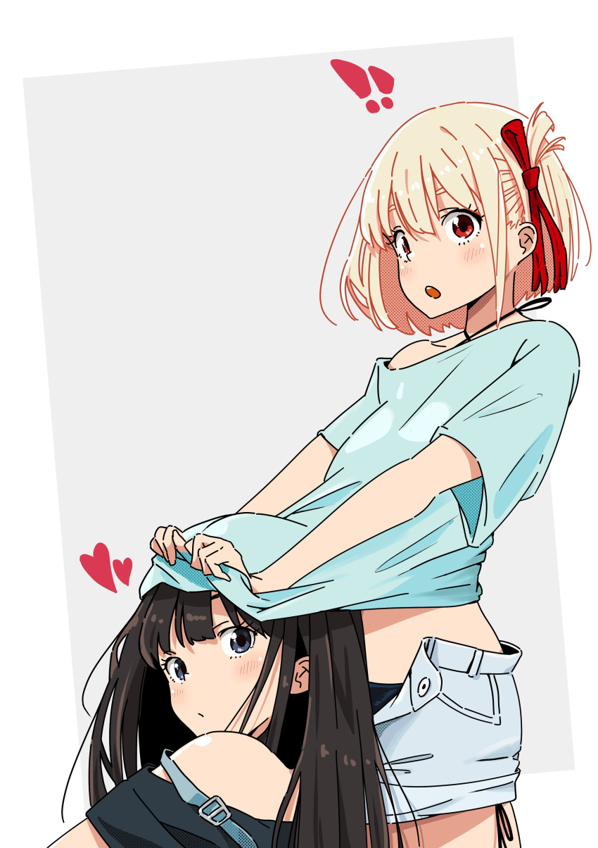 ! !! 2girls absurdres bare_shoulders belt black_hair blonde_hair blue_shirt blush breasts green_shirt head_under_clothes heart highres inoue_takina long_hair looking_at_viewer looking_back lycoris_recoil medium_breasts misskiwi multiple_girls nishikigi_chisato open_mouth red_belt red_eyes shirt shirt_over_head simple_background stomach violet_eyes white_background yuri