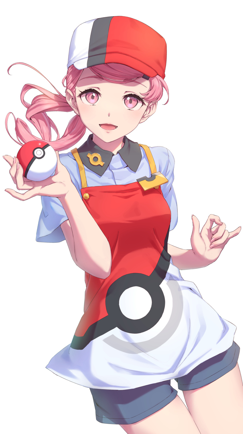 1girl absurdres apron bangs collared_shirt commentary_request eyelashes hand_up hat highres holding holding_poke_ball joy_(pokemon) kamome_yuu long_hair looking_at_viewer lower_teeth open_mouth pink_eyes pink_hair pink_nails poke_ball poke_ball_(basic) poke_ball_print pokemon pokemon_(game) pokemon_sv red_headwear shirt short_sleeves shorts smile solo teeth
