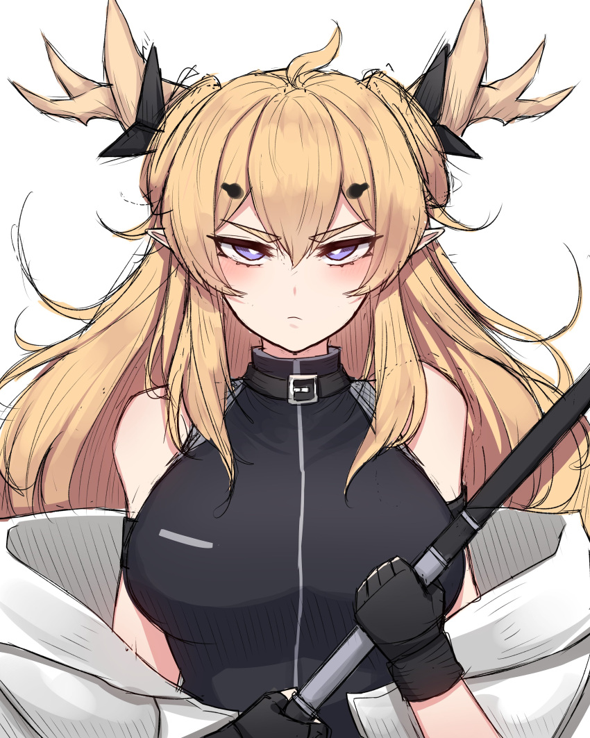 1girl absurdres ahoge antlers arknights blonde_hair blue_eyes breasts fingerless_gloves frown gloves highres holding holding_staff jitome leizi_(arknights) long_hair pointy_ears rikuguma sleeveless staff thick_eyebrows white_background
