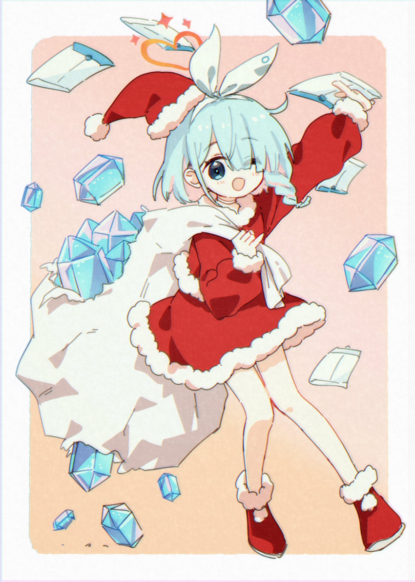 1girl ;d arona_(blue_archive) bare_legs blue_archive blue_eyes blue_hair border bow bow_hairband braid christmas dress full_body fur-trimmed_dress fur-trimmed_footwear fur_trim hairband halo hat heart highres holding holding_sack long_sleeves looking_at_viewer matsuda_hikari one_eye_closed open_mouth pyroxene_(blue_archive) red_dress red_footwear red_headwear sack santa_hat simple_background single_braid smile solo white_border white_bow white_hairband