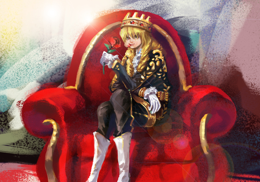 1014734693 1boy blonde_hair cavendish couch crown flower flower_in_mouth full_mouth gloves highres holding holding_flower long_hair long_sleeves male_focus multicolored_background on_couch one_piece petals red_flower red_rose rose rose_petals sitting smile white_footwear white_gloves