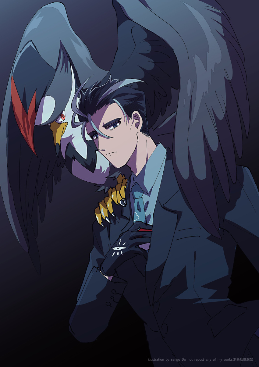 1boy absurdres artist_name bangs bird black_eyes black_gloves black_hair black_jacket closed_mouth collared_shirt commentary_request frown gloves grey_hair highres jacket larry_(pokemon) male_focus multicolored_hair necktie on_shoulder pokemon pokemon_(creature) pokemon_(game) pokemon_on_shoulder pokemon_sv sengo489 shirt short_hair staraptor streaked_hair two-tone_hair watermark