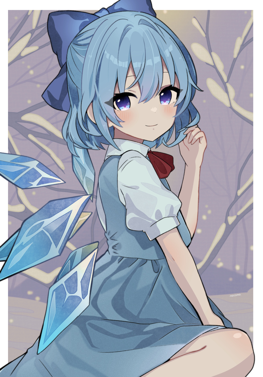 1girl absurdres ascot blue_dress blue_eyes blue_hair blush cirno dress highres ice ice_wings looking_at_viewer necono_(nyu6poko) puffy_short_sleeves puffy_sleeves red_ribbon ribbon short_sleeves smile snow solo touhou wings