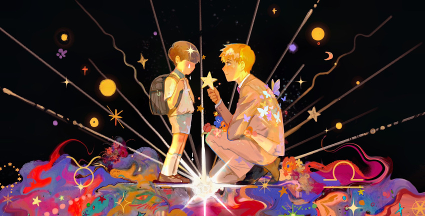 2boys age_difference aged_down azexal black_background black_bag black_hair blonde_hair bowl_cut bug business_suit butterfly formal highres holding holding_star kageyama_shigeo long_sleeves mob_psycho_100 multicolored_background multiple_boys one_knee reigen_arataka short_hair short_sleeves shorts socks star_(symbol) suit white_socks