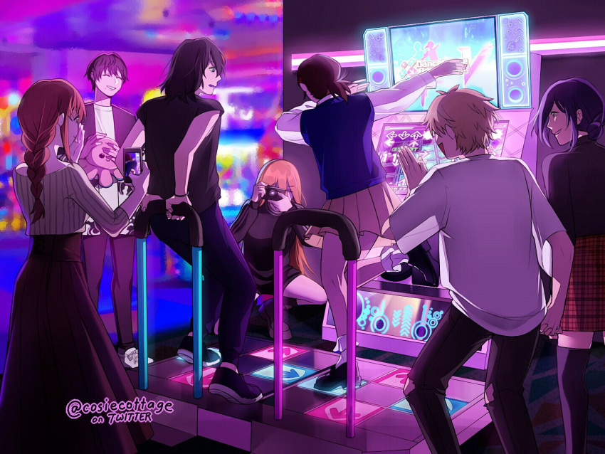 3boys 4girls black_hair black_jacket black_pants black_shirt black_skirt blonde_hair blue_sweater_vest braid braided_ponytail brown_hair camera chainsaw_man closed_eyes cosiecottage dab_(dance) dance_dance_revolution dancing denji_(chainsaw_man) hair_bun hayakawa_aki higashiyama_kobeni holding holding_bars holding_camera holding_hands holding_phone jacket long_hair looking_at_another looking_to_the_side makima_(chainsaw_man) medium_hair mole mole_under_mouth multiple_boys multiple_girls octopus open_mouth pants phone plaid plaid_skirt power_(chainsaw_man) recording reze_(chainsaw_man) shirt short_hair short_ponytail sidelocks skirt smile striped striped_shirt stuffed_animal stuffed_toy sweater_vest thigh-highs white_shirt yoshida_hirofumi