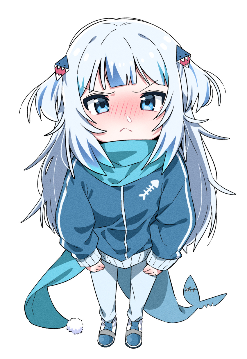 1girl :&lt; blue_eyes blue_footwear blue_hair blue_jacket blue_pants blue_scarf blush closed_mouth fish_tail from_above full_body gawr_gura grey_hair hair_ornament highres hololive hololive_english jacket long_hair long_sleeves looking_at_viewer looking_up multicolored_hair nose_blush pants scarf shark_tail shoes simple_background sleeves_past_wrists snot solo standing streaked_hair tail tosyeo track_jacket two_side_up very_long_hair virtual_youtuber white_background