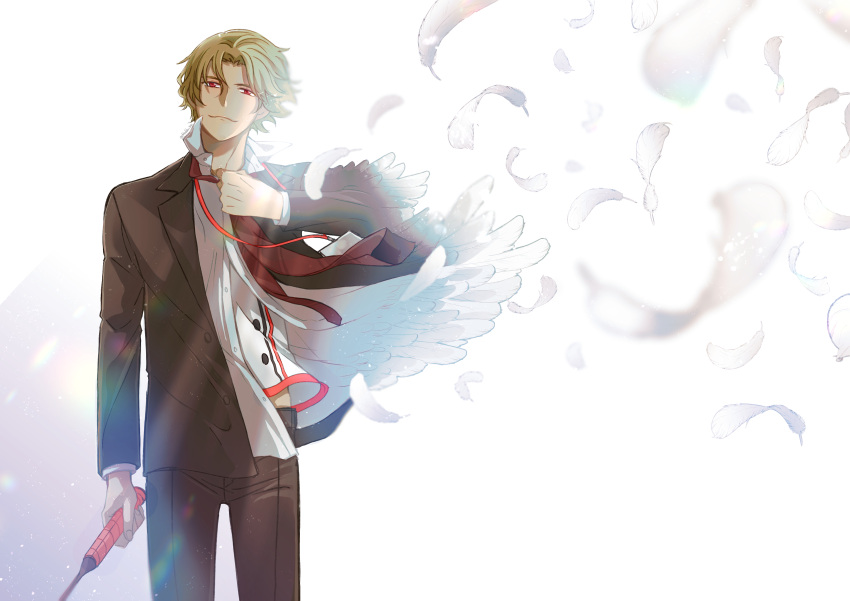 1boy absurdres black_pants black_suit blonde_hair brown_necktie doko_dokosan feathers formal highres holding holding_racket id_card lanyard looking_at_viewer miyasumi_tatsuru necktie pants racket red_eyes ryman's_club short_hair simple_background smile solo suit undressing white_background white_feathers