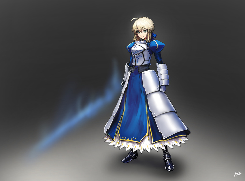 152_in_can 1girl absurdres ahoge armor armored_dress artoria_pendragon_(fate) blonde_hair blue_ribbon excalibur_(fate/stay_night) fate/grand_order fate_(series) faulds full_body gauntlets greaves green_eyes hair_bun hair_ribbon highres holding holding_sword holding_weapon invisible_air_(fate) ribbon saber single_hair_bun solo standing sword weapon