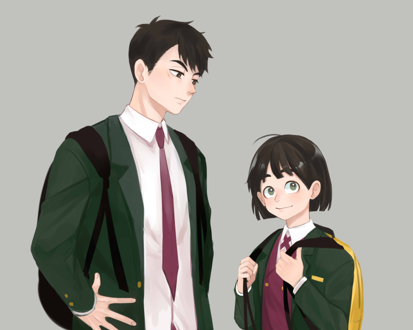 1boy 1girl absurdres after_school_lessons_for_unripe_apples ahoge backpack bag black_hair bob_cut commentary green_eyes green_jacket grey_background highres hwang_mi-ae jacket kim_cheol looking_at_another looking_at_viewer looking_down necktie palettebaibailu red_necktie red_vest scar scar_on_face school_uniform shirt short_hair smile thick_eyebrows vest white_shirt
