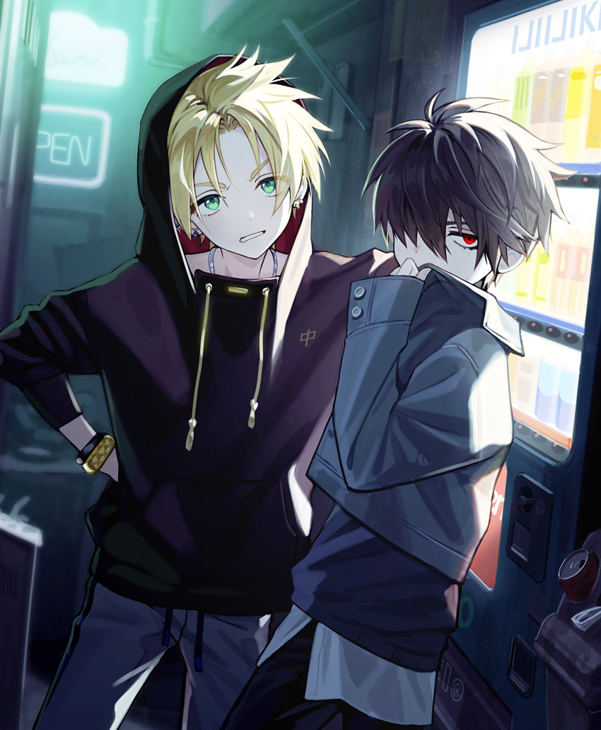 2boys absurdres bangs black_hair blonde_hair can commentary ear_piercing green_eyes hair_between_eyes hair_over_one_eye hand_on_hip highres hood hood_up hoodie jacket jewelry long_sleeves looking_at_viewer male_focus multiple_boys necklace neon_lights open_sign original outdoors pants piercing pillow_(nutsfool) red_eyes sign spiky_hair symbol-only_commentary vending_machine