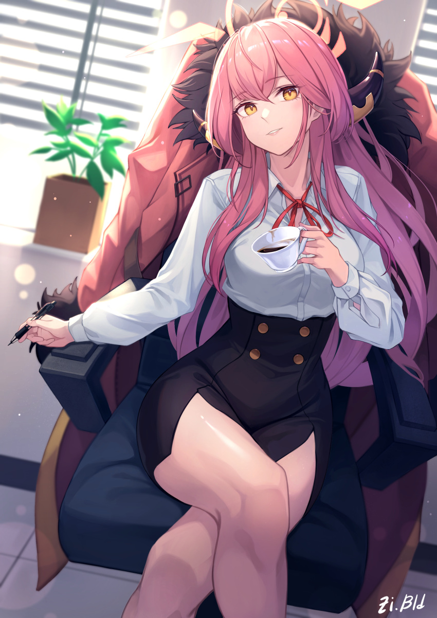 1girl absurdres artist_name aru_(blue_archive) bangs black_skirt bld_zi blue_archive breasts brown_coat buttons coat coat_removed collared_shirt commentary crossed_legs cup demon_horns feet_out_of_frame fur-trimmed_coat fur_trim halo high-waist_skirt highres holding holding_cup holding_pen horns indoors large_breasts legs long_hair long_sleeves looking_at_viewer neck_ribbon orange_eyes parted_lips pen pencil_skirt pink_hair plant potted_plant red_ribbon ribbon shirt side_slit sitting skirt smile solo teacup very_long_hair white_shirt