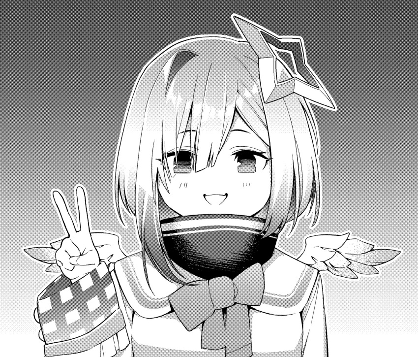1girl amane_kanata angel_wings asymmetrical_hair bob_cut bow bowtie commentary dress feathered_wings gradient gradient_background greyscale hair_over_one_eye halo hand_up highres hololive izumida_fuyuki long_hair long_sleeves looking_at_viewer mini_wings monochrome screentones short_hair single_hair_intake sleeve_cuffs sleeves_past_wrists solo star_halo straight-on turtleneck_dress v virtual_youtuber white_wings wide_sleeves wings