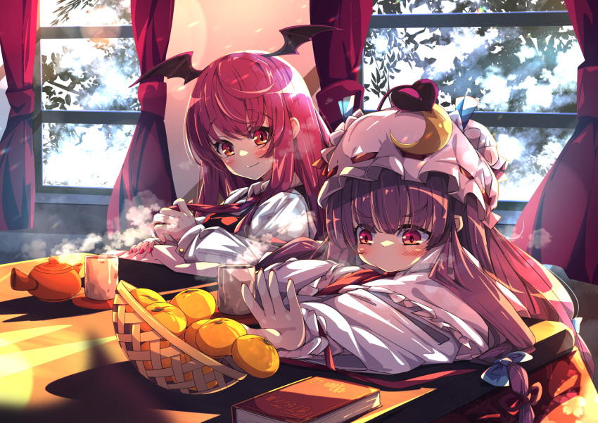 2girls basket blue_bow blue_ribbon blush book bow closed_mouth commentary_request crescent crescent_hat_ornament cup curtains demon_tail dress fingernails food fruit hair_bow hat hat_ornament hat_ribbon head_wings highres indoors koakuma kotatsu long_hair long_sleeves looking_at_another looking_at_object mandarin_orange mob_cap multiple_girls nail_polish necktie patchouli_knowledge purple_hair reaching red_eyes red_nails red_necktie redhead ribbon shirt sidelocks sleeve_cuffs table tail teapot touhou v-shaped_eyebrows very_long_hair white_dress white_headwear white_shirt window woruta_(soloistlist) yunomi