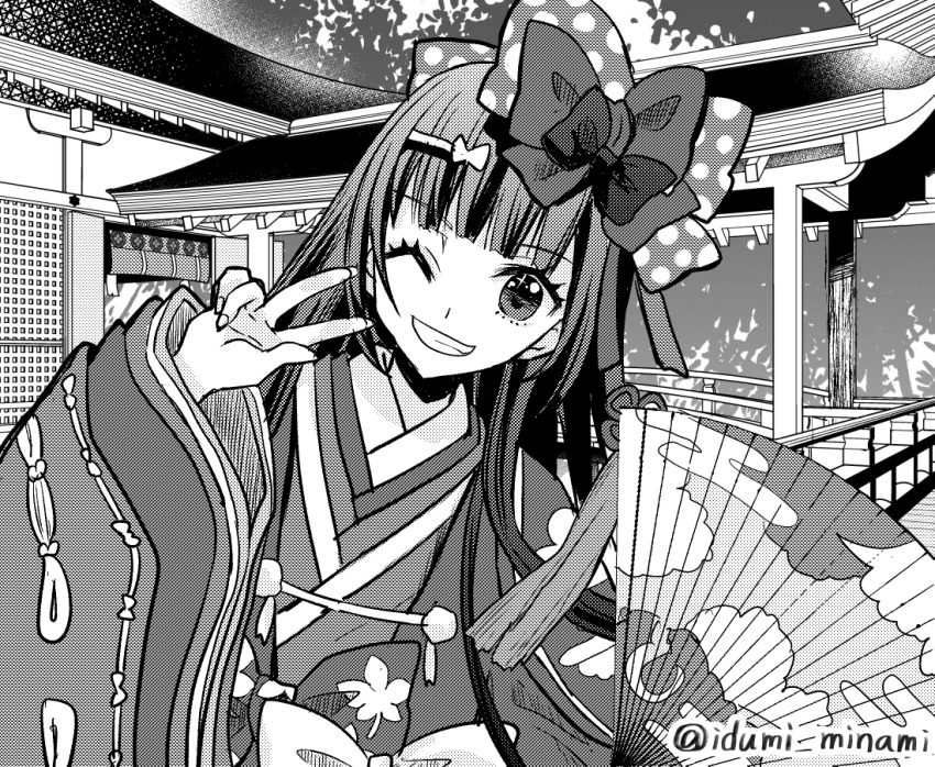 1girl architecture bow east_asian_architecture fate/grand_order fate_(series) fingernails greyscale hair_bow hand_fan izumi_minami japanese_clothes kimono layered_clothes layered_kimono long_hair monochrome one_eye_closed sei_shounagon_(fate) sei_shounagon_(third_ascension)_(fate) twitter_username v wide_sleeves
