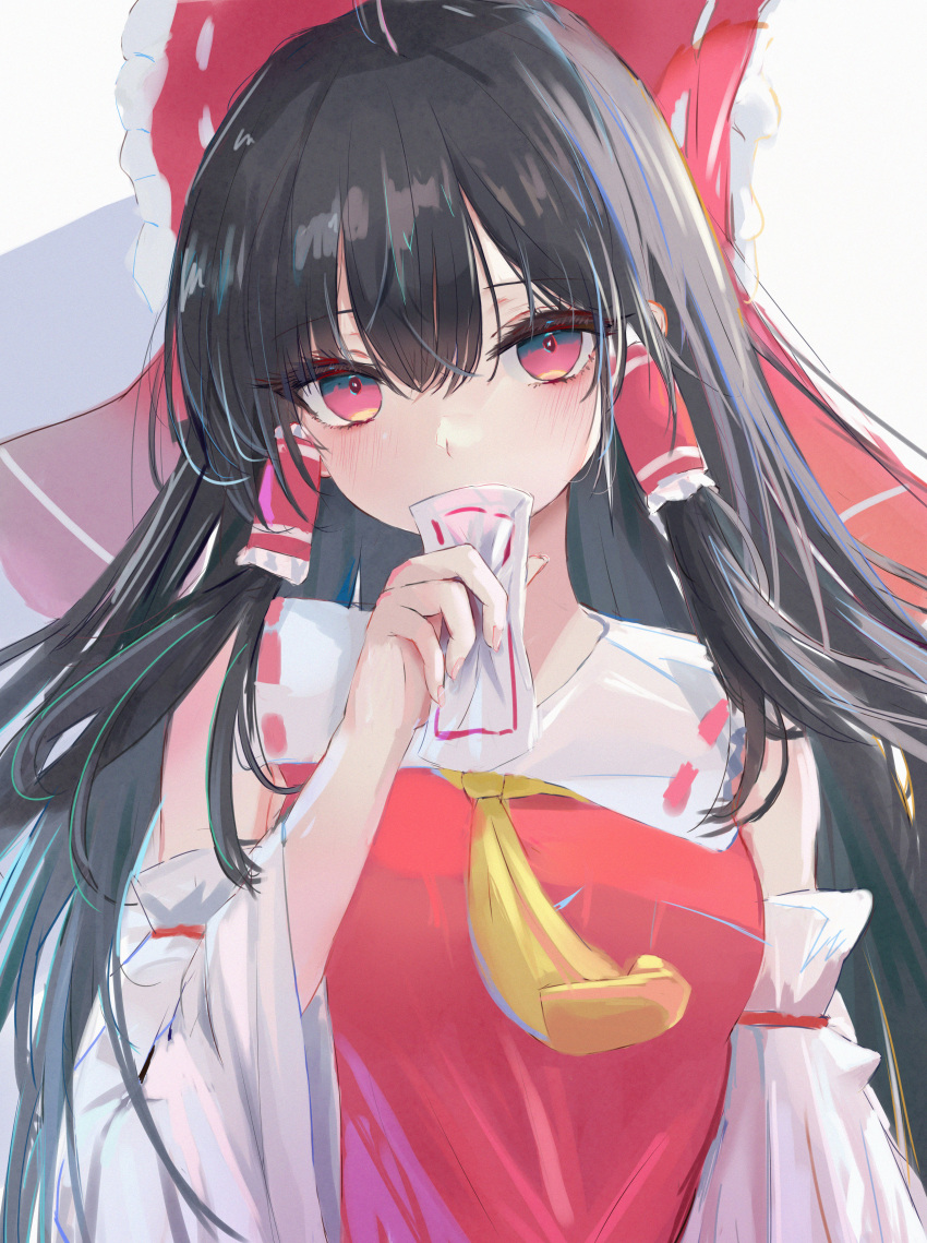1girl absurdres ascot bare_shoulders black_hair blush bow detached_sleeves hair_between_eyes hair_bow hair_tubes hakurei_reimu highres japanese_clothes long_hair looking_at_viewer lshiki nontraditional_miko ofuda red_bow red_eyes ribbon-trimmed_sleeves ribbon_trim sidelocks solo touhou upper_body white_sleeves wide_sleeves yellow_ascot