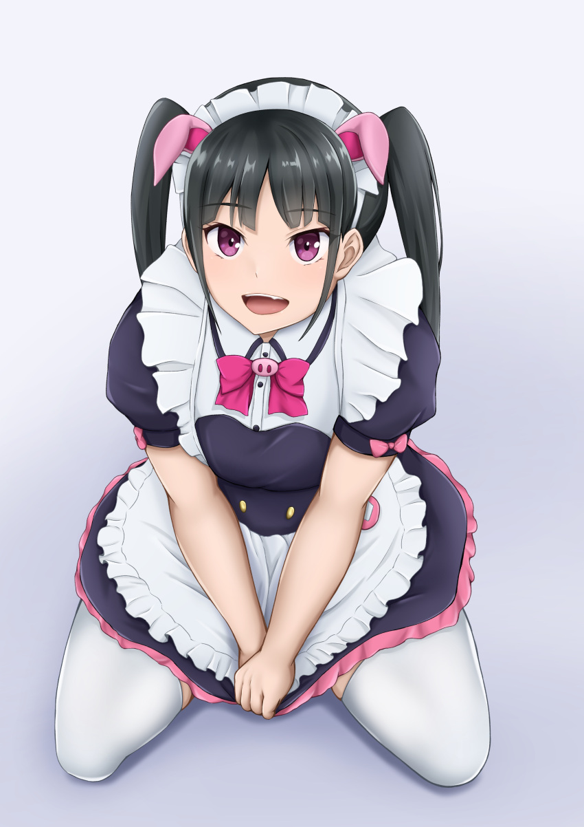 1girl :d absurdres akiba_maid_sensou an_(ann7dornat) animal_ears apron black_dress black_hair bow commission dress fake_animal_ears highres looking_at_viewer maid_apron maid_headdress pink_bow seiza simple_background sitting skeb_commission smile solo thigh-highs twintails violet_eyes white_background white_thighhighs yumechi_(akiba_maid_sensou)