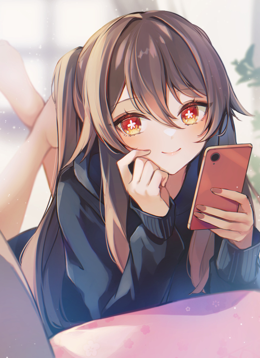 1girl 7aka_ne11 alternate_costume bangs barefoot black_hoodie bloom blurry blurry_background blush brown_hair cellphone chinese_commentary closed_mouth commentary contemporary fingernails flower-shaped_pupils genshin_impact hair_between_eyes hand_on_own_face highres holding holding_phone hood hood_down hoodie hu_tao_(genshin_impact) indoors legs_up long_fingernails long_hair long_sleeves looking_at_viewer lying nail_polish on_stomach phone red_eyes red_nails sidelocks smartphone smile solo symbol-shaped_pupils twintails