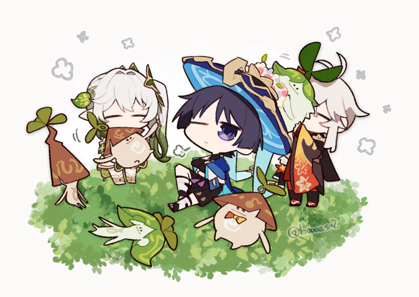 1girl 2boys =3 aranara_(genshin_impact) bangs black_hair chibi closed_eyes closed_mouth commentary_request crossed_arms dress flower genshin_impact gradient_hair grass green_hair hair_between_eyes hair_ornament hat japanese_clothes jingasa kaedehara_kazuha leaf_print long_hair lying multicolored_hair multiple_boys nahida_(genshin_impact) on_back one_eye_closed pointy_ears ponytail scaramouche_(genshin_impact) shigetake_(buroira) side_ponytail sitting twitter_username violet_eyes wanderer_(genshin_impact) white_hair