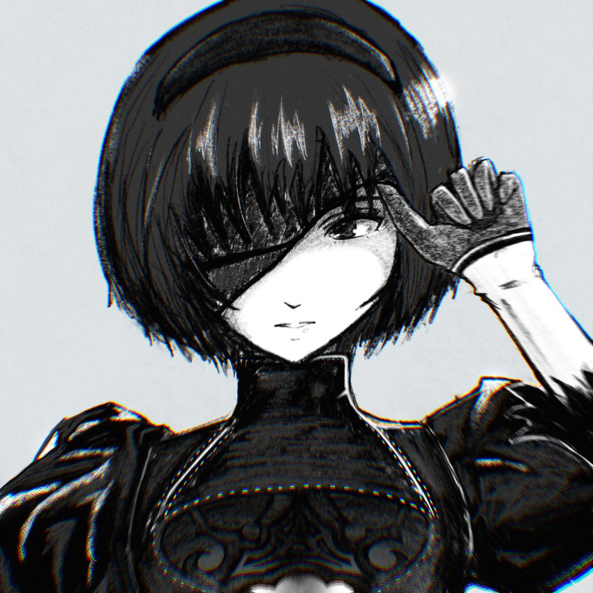 1girl adjusting_hair amagami bangs black_blindfold black_dress black_gloves black_hair black_hairband blindfold breasts chromatic_aberration close-up commentary cosplay dress feather-trimmed_sleeves gloves grey_background greyscale hairband highres lace_dress looking_afar looking_away medium_breasts monochrome nanasaki_ai nier_(series) nier_automata oshizu parted_lips portrait puffy_sleeves shaded_face short_hair solo turtleneck turtleneck_dress yorha_no._2_type_b yorha_no._2_type_b_(cosplay)
