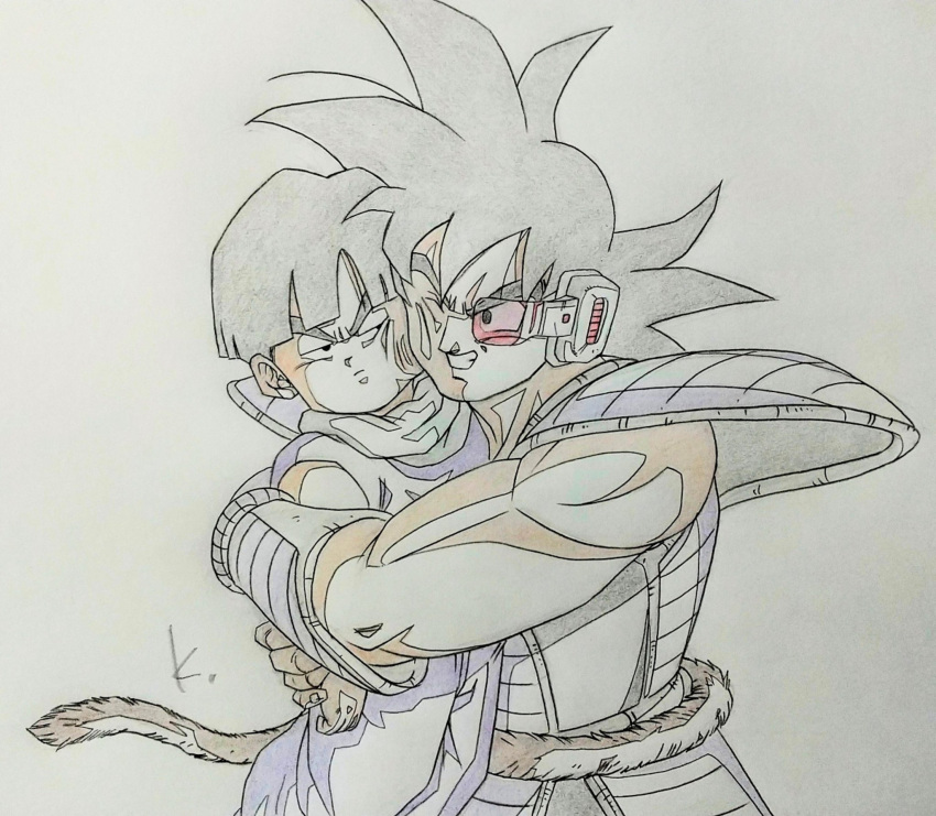 2boys armor black_eyes black_hair bowl_cut carrying cheek-to-cheek colored_pencil_(medium) dougi dragon_ball dragon_ball_z grin heads_together highres hug kakeru_(dbskakeru) male_focus monkey_tail multiple_boys one_eye_closed scouter shoulder_armor signature smile son_gohan tail tail_around_waist traditional_media tullece unamused