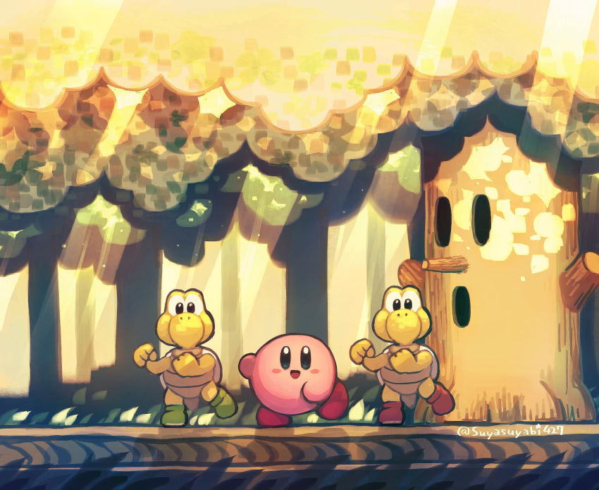 :d forest full_body grass green_footwear highres kirby kirby_(series) koopa_troopa light_rays looking_at_viewer nature nintendo no_humans open_mouth outdoors red_footwear smile standing standing_on_one_leg super_mario_bros. suyasuyabi tree whispy_woods