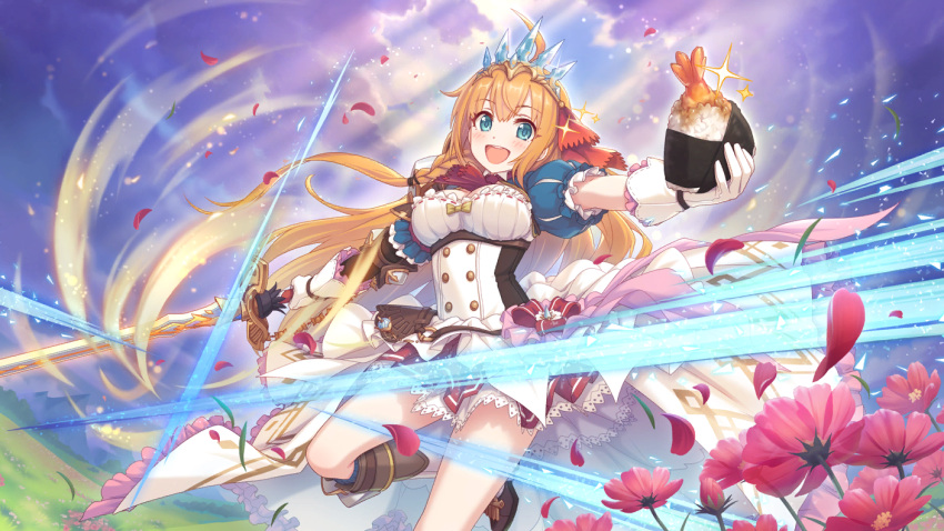 1girl armor blue_eyes clouds cloudy_sky crown dress flower food gloves holding holding_food holding_sword holding_weapon official_art onigiri orange_hair pecorine_(princess_connect!) petals princess_connect! sky sword weapon