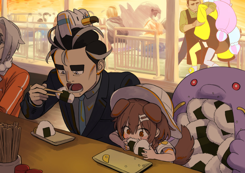 animal_ears armlock black_hair brown_eyes brown_hair chopsticks clavell_(pokemon) diner dog_ears dog_tail eating food food_on_face formal full_mouth grey_eyes grey_hair hat highres inugami_korone iono_(pokemon) kodoku_no_gourmet larry_(pokemon) necktie on_head onigiri pokemon pokemon_(creature) pokemon_(game) pokemon_on_head pokemon_sv rice rice_on_face sabaku_chitai suit swalot tail virtual_youtuber wingull