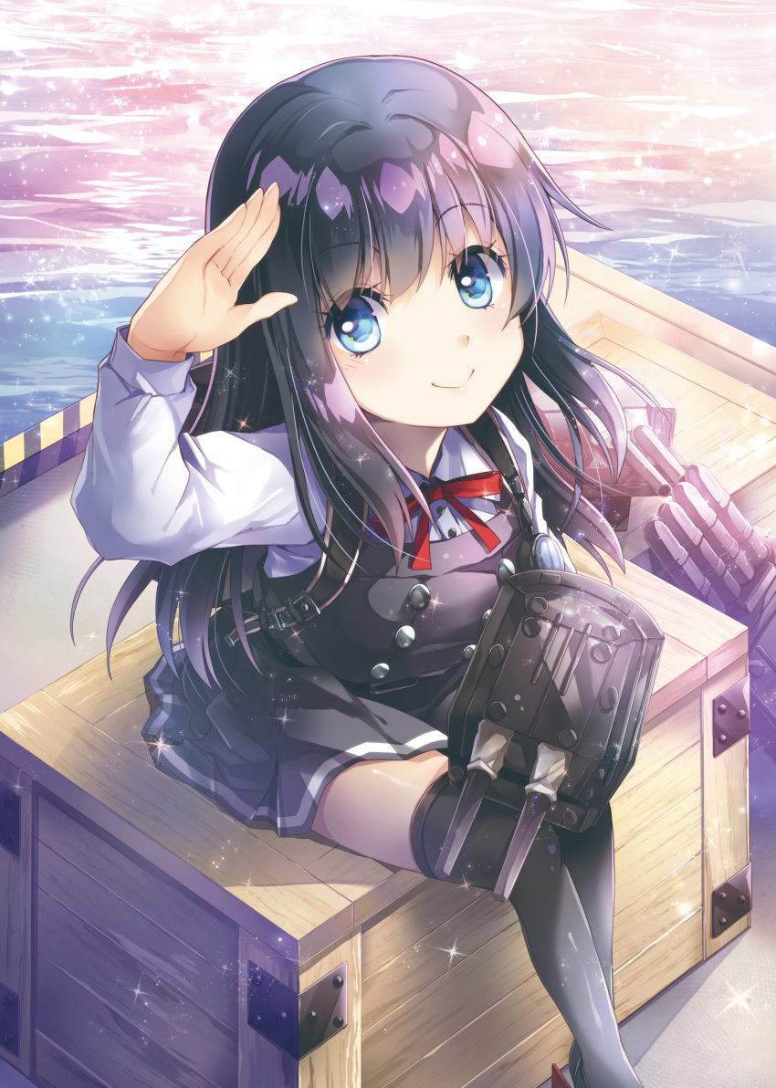 1girl absurdres adapted_turret asashio_(kancolle) ayuya_naka_no_hito black_hair blue_eyes box cannon cleaning crate day dress from_above hair_between_eyes highres kancolle_arcade kantai_collection long_hair long_sleeves looking_at_viewer looking_up machinery outdoors pinafore_dress rigging salute shirt short_sleeves sitting smokestack solo thigh-highs torpedo torpedo_launcher torpedo_tubes turret water white_shirt
