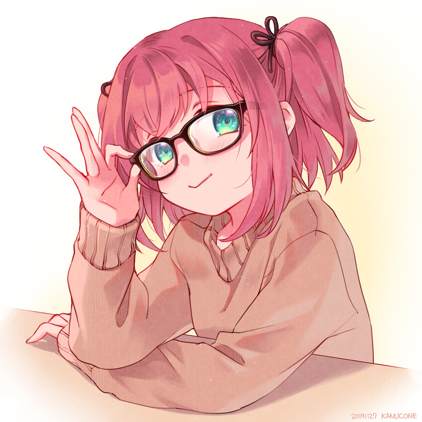 1girl :&gt; bangs brown_sweater glasses green_eyes hand_on_eyewear head_tilt highres kanucone kurosawa_ruby long_sleeves looking_at_viewer love_live! love_live!_sunshine!! pink_hair simple_background smile sweater table twintails two_side_up white_background
